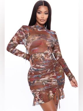 Fashion Nova Midi Dress Womens Small Brown Floral Ruched Mesh Long Sleeve